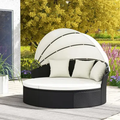 Hivvago Clamshell Patio Round Daybed Wicker With Retractable Canopy And Pillows-off White