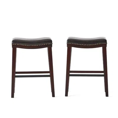 Hivvago Clare Barstool Set Of 2, Black Faux Leather, Nailhead Trim, Dark Brown