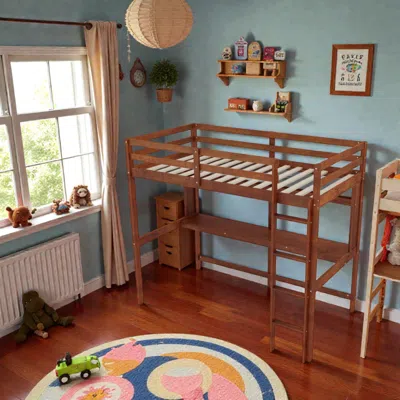 Hivvago Classic Twin Size Wooden Loft Frame With Guardrail Protection And Slatted Design In Brown