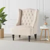 Hivvago Club Chair, High Wingback, Birch Wood Legs, Beige Button Tufted Fabric