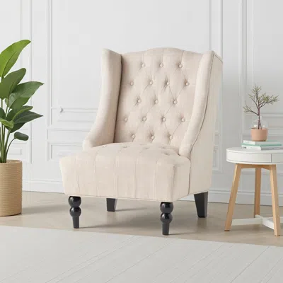 Hivvago Club Chair, High Wingback, Birch Wood Legs, Beige Button Tufted Fabric