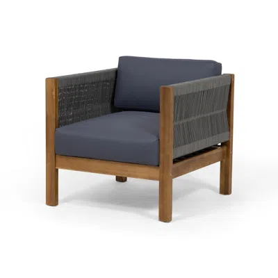 Hivvago Club Lounge Chair, Woven Rattan Rope, Brown Acacia Wood, Gray Fabric