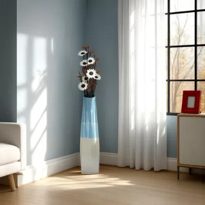 Hivvago Cobb Accent Vase, Slender Silhouette Blue White Ceramic 27 Inch
