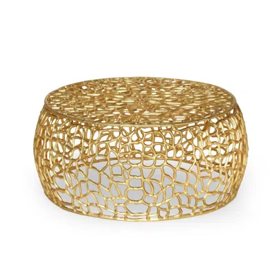 Hivvago Coffee Table, 28 Inch Round Plinth Mesh Design, Open Gold Metal Frame