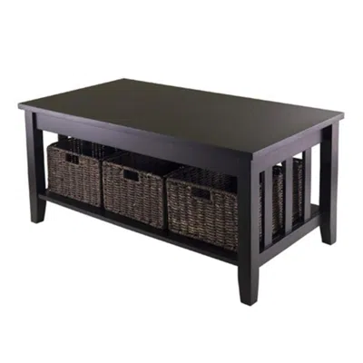 Hivvago Coffee Table With 3 Foldable Corn Husk Baskets Espresso And Chocolate In Black