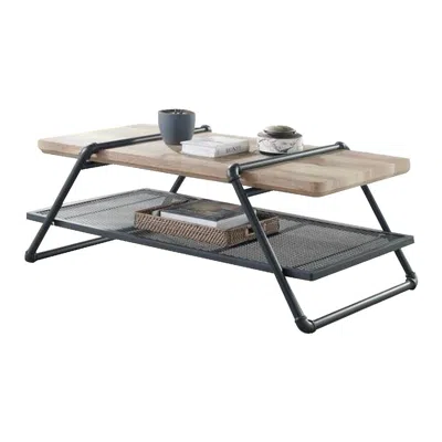 Hivvago Coffee Table With Wooden Top And Mesh Shelf, Brown And Black In Multi