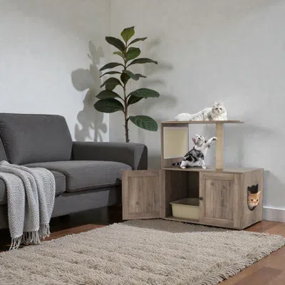 Hivvago Compact 34.5-inch Indoor Cat Tree Featuring Litter Box Enclosure And Sisal Scratcher In Gray