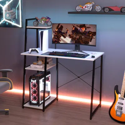 Hivvago Compact Computer Desk Workstation With 4 Tier Shelves For Home And Office-white