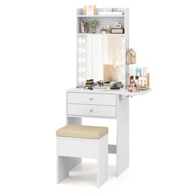 Hivvago Compact Vanity Desk Set With 3-color Lighted Mirror And Power Outlets-white In Multi