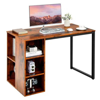 Hivvago Computer Desk With 5 Side Shelves And Metal Frame-rustic Brown