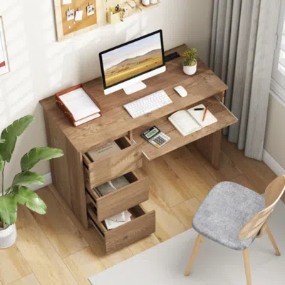 Hivvago Computer Desk With Power Outlet Keyboard Tray And 3 Large Drawers-natural