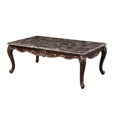 Hivvago Cona 54 Inch Cocktail Coffee Table, Carved Gold Accent, Cherry Brown, Gray