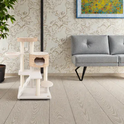 Hivvago Contemporary Cat Tower Featuring Cattail-style Plush Condo And Top Perch In White