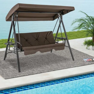 Hivvago Convertible 3-seat Patio Porch Swing Chair To Flat Bed With Adjustable Canopy-brown