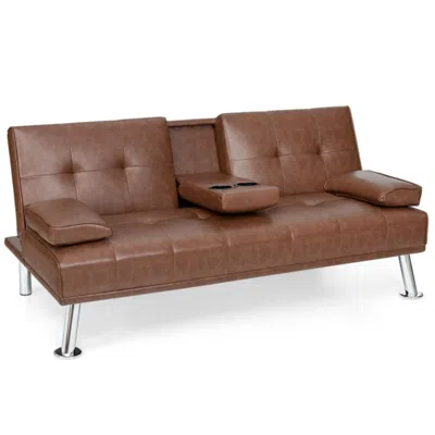 Hivvago Convertible Folding Leather Futon Sofa With Cup Holders And Armrests-brown In Black