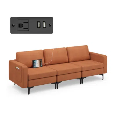 Hivvago Convertible Leather Sofa Couch With Magazine Pockets 3-seat With 2 Usb Port In Brown