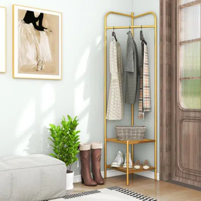 Hivvago Corner Coat Rack With Top Hanger And 2 Mesh Shelves For Entryway Hallway Living Room Bedroom-golden