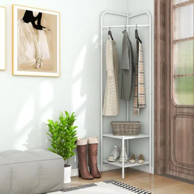 Hivvago Corner Coat Rack With Top Hanger And 2 Mesh Shelves For Entryway Hallway Living Room Bedroom-white
