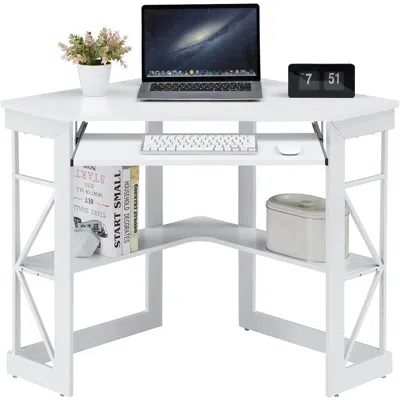 Hivvago Corner Computer Desk With Keyboard Tray Storage Shelves In White