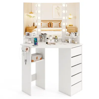 Hivvago Corner Vanity Desk With 3-color Led Lighted Mirror And Power Outlet