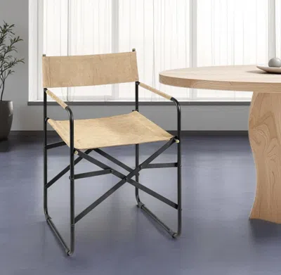 Hivvago Cream And Black Leather Metal Open Back Dining Arm Chair In Neutral