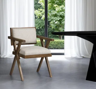 Hivvago Cream And Brown Upholstered Fabric Open Back Dining Arm Chair In Neutral