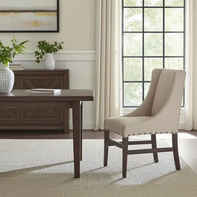 Hivvago Cream And Brown Upholstered Linen And Solid Wood Dining Side Chair In Neutral
