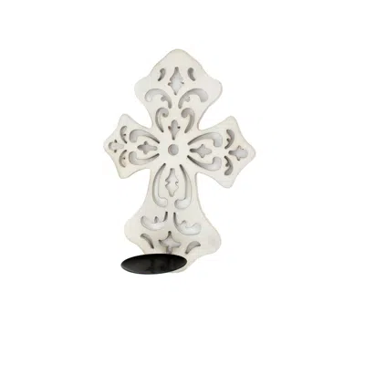 Hivvago Cross Shaped Wooden Candle Holder With Scrolled Engravings, White