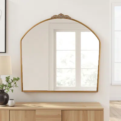 Hivvago Curved Accent Wall Mirror, Scrolled Details, 36 Inch, Gold Metal Frame