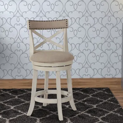 Hivvago Curved X Shaped Back Swivel Counter Stool With Fabric Padded Seating, Antique White In Neutral
