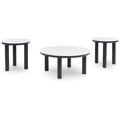 Hivvago Dae 3pc Coffee And End Table Set, Round White Faux Marble, Black