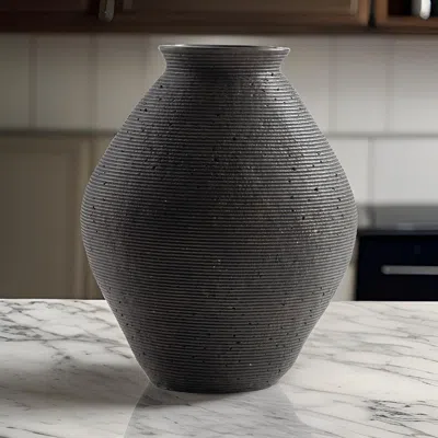 Hivvago Dale 12 Inch Round Polyresin Vase, Wavy Ribbed Spiral Texture Antique Brown