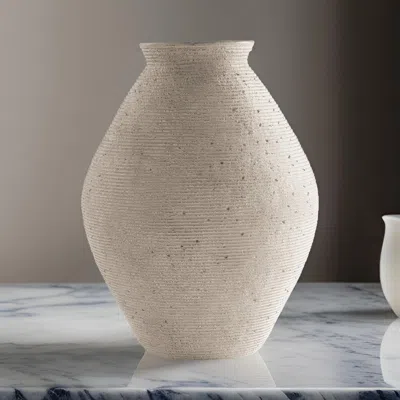 Hivvago Dale 17 Inch Round Polyresin Vase, Tightly Ribbed Texture, Antique Beige