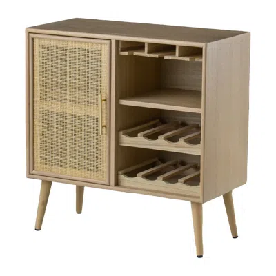Hivvago Dana 31 Inch Wood Wine Cabinet, 2 Shelves, Glass Hanger, Rattan Door, Brown