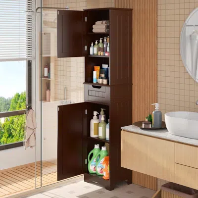 Hivvago Dark Brown Bathroom Linen Cabinet Tower With 2 Doors Storage Drawer And Shelf