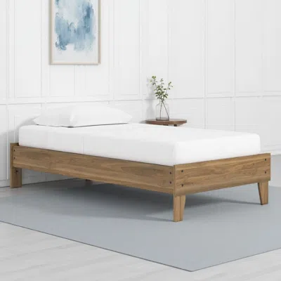 Hivvago Deana Twin Platform Bed, Honey Brown Wood, Low Profile Tapered Legs In White