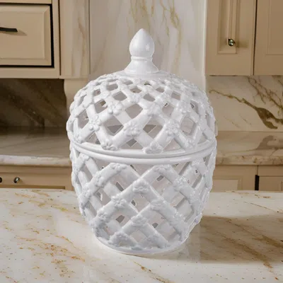 Hivvago Decorative Ceramic Lidded Jar With Cut Out Texture, Large, White