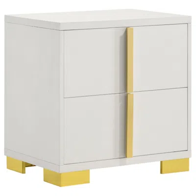 Hivvago Dex 22 Inch Nightstand, 2 Drawers With Long Vertical Gold Handles, White