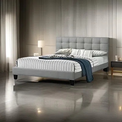 Hivvago Dex Modern Platform California King Bed, Tufted Upholstery, Light Gray