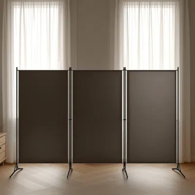 Hivvago Dina 3 Panel Room Divider Screen, Brown Fabric, Black Iron, 102 Inch