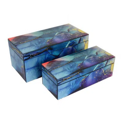 Hivvago Dory Decorative Box Set Of 2, Blue Gold Faux Agate Stone Accent Glass