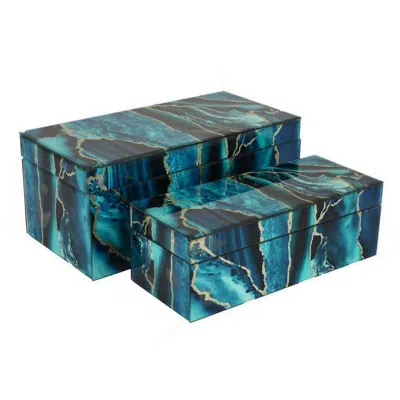 Hivvago Dory Decorative Box Set Of 2, Deep Blue Black Faux Marble Accent Glass