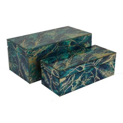 Hivvago Dory Decorative Box Set Of 2, Green Blue Faux Marble Accent Glass