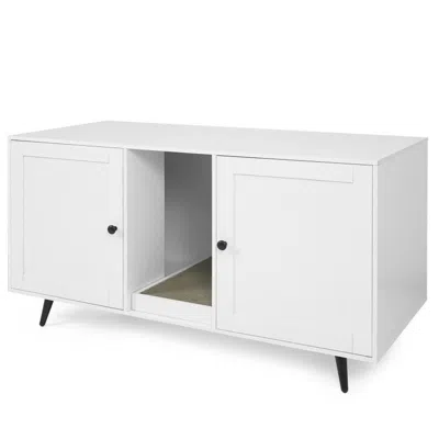 Hivvago Double Cat Litter Box Enclosure For 2 Cats With Scratching Pad And Double Rooms In White