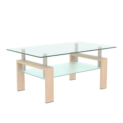 Hivvago Double Layer Living Room Glass Coffee Table With Metal Legsclear Glass - Oak In Multi