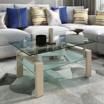 Hivvago Double Layer Living Room Glass Coffee Table With Metal Legsclear Glass - Oak In White