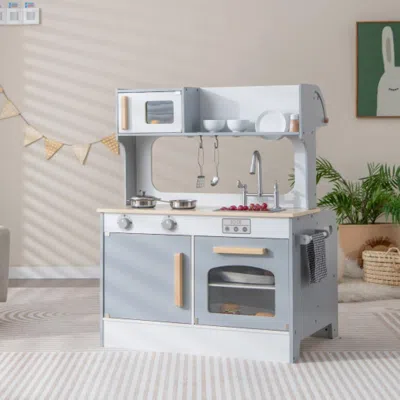 Hivvago Double Sided Kids Pretend Kitchen Playset With 2-seat Cafe-gray
