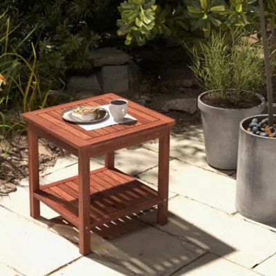 Hivvago Double-tier Acacia Wood Patio Side Table With Slatted Tabletop And Shelf In Brown