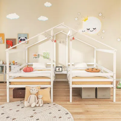 Hivvago Double Twin Size Wooden Bed Frames With Built-in Table For Kids-white