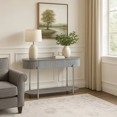 Hivvago Doug Sofa Table, Gray High Gloss Wood, Drawers, Chrome Metal, 47 Inch In Blue